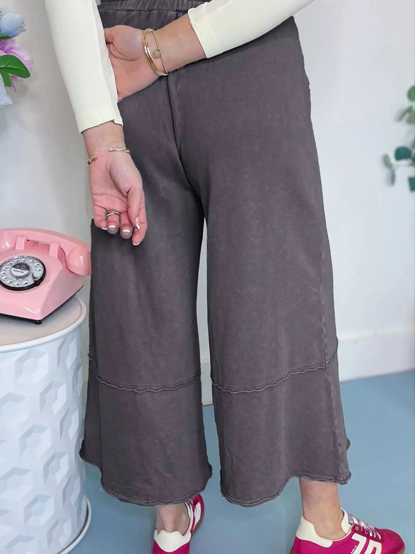 Flower Patch Mineral Washed Terry Knit Cropped Wide Leg Pants