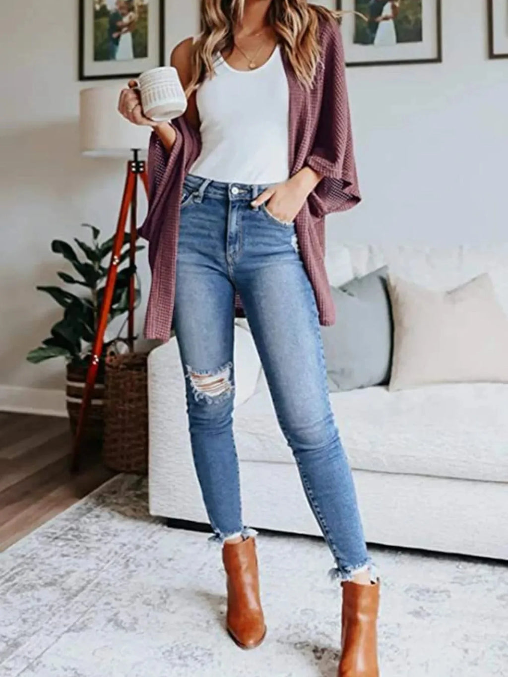 Full Size Open Front Waffle Knit Cardigan Plus Size
