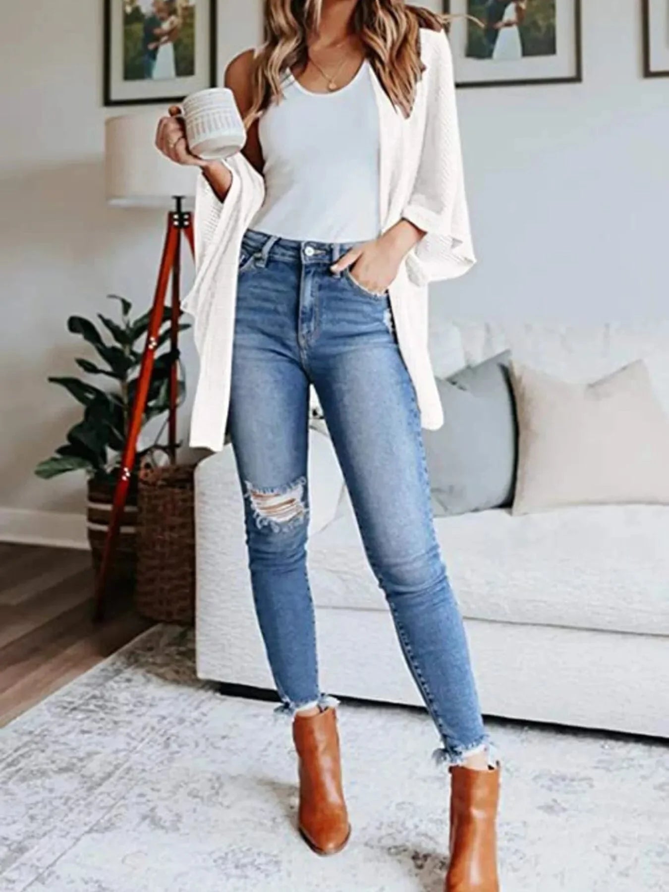Full Size Open Front Waffle Knit Cardigan Plus Size
