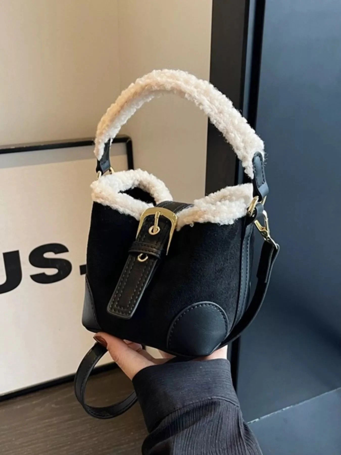 Fuzzy Trim Bucket Crossbody Bag