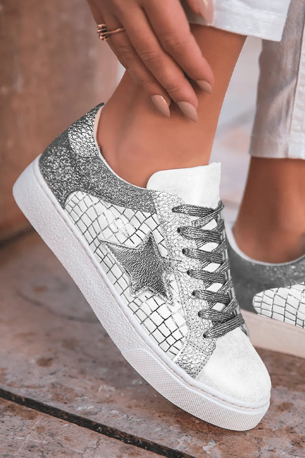 Gold Glitter Star Patchwork PU Leather Lace-up Sneakers