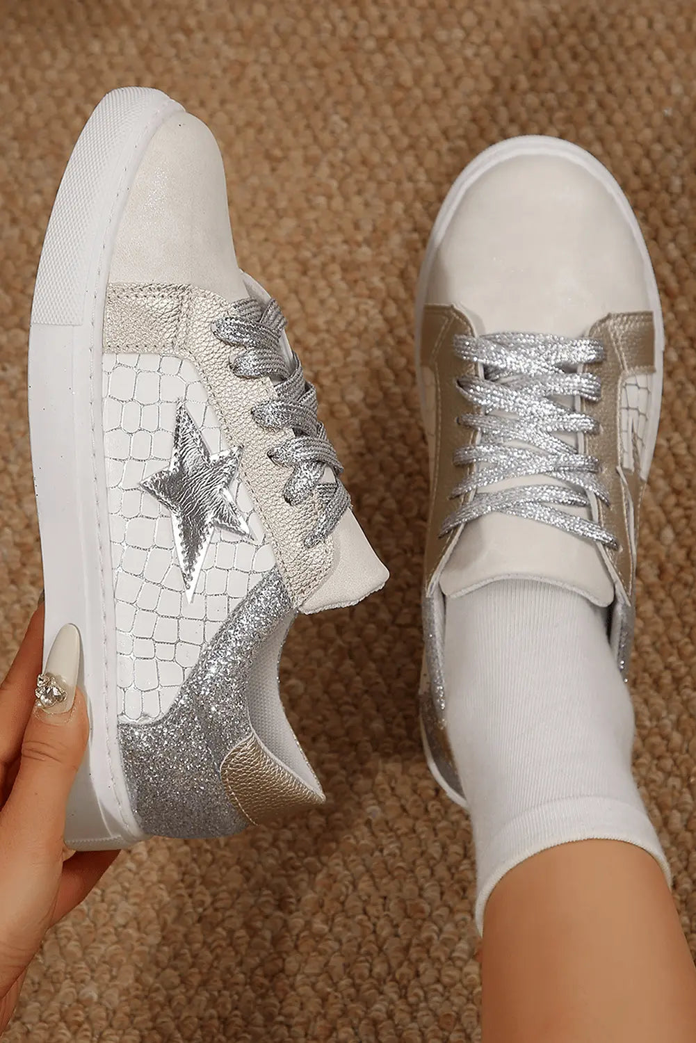 Gold Glitter Star Patchwork PU Leather Lace-up Sneakers