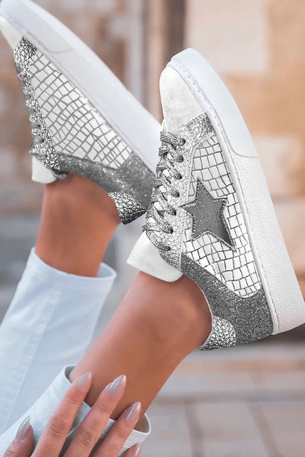 Gold Glitter Star Patchwork PU Leather Lace-up Sneakers