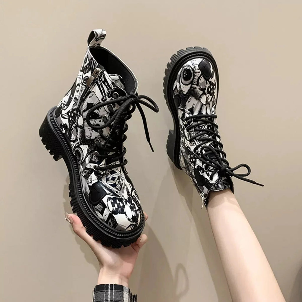 Graffiti Print Combat Boots with Colorful Street Art Design