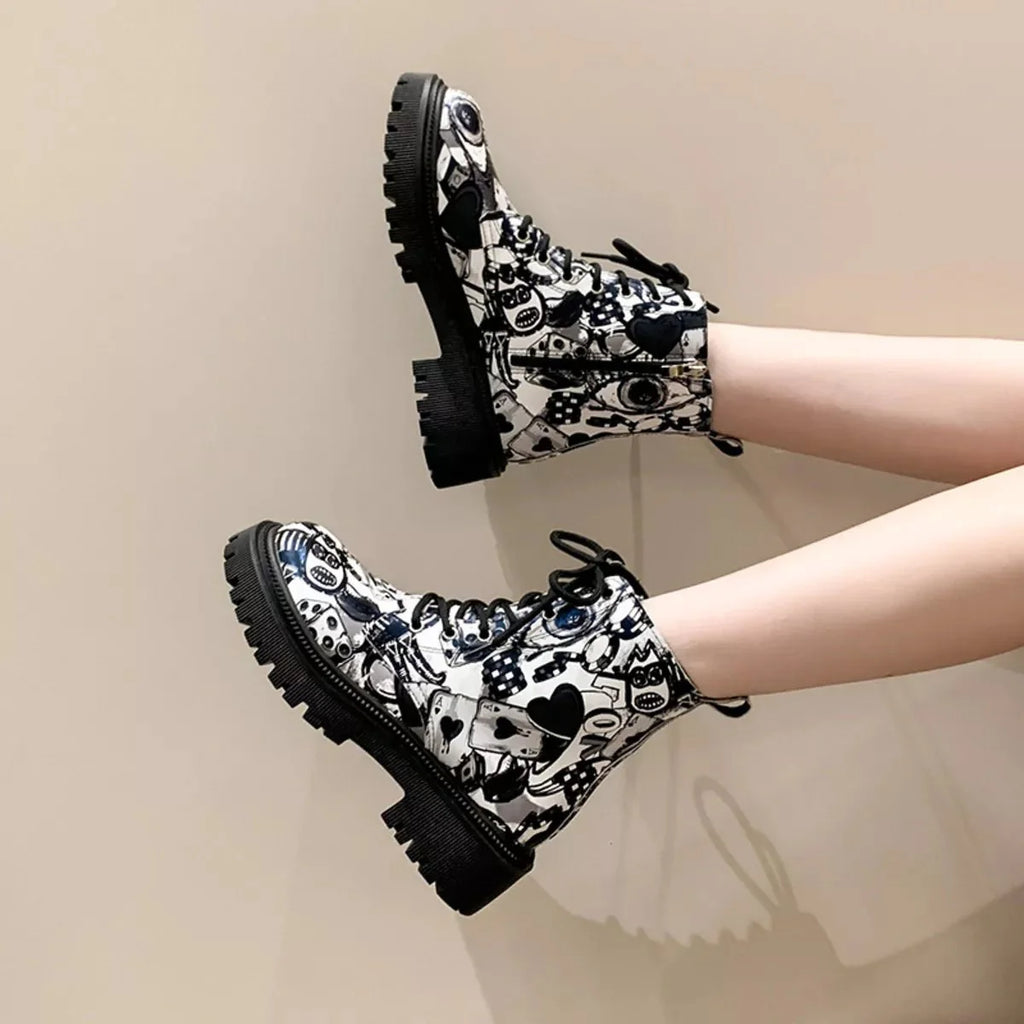 Graffiti Print Combat Boots with Colorful Street Art Design