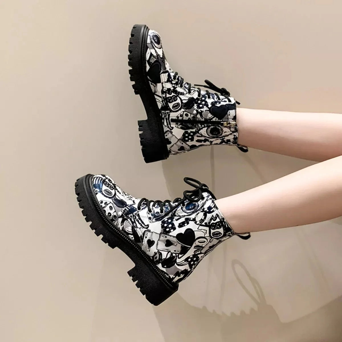 Graffiti Print Combat Boots with Colorful Street Art Design