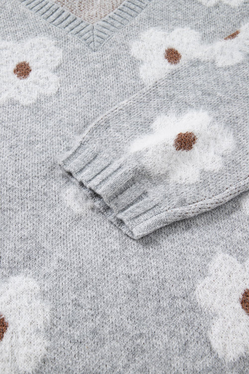 Gray Cute Flower Print V Neck Drop Shoulder Baggy Sweater