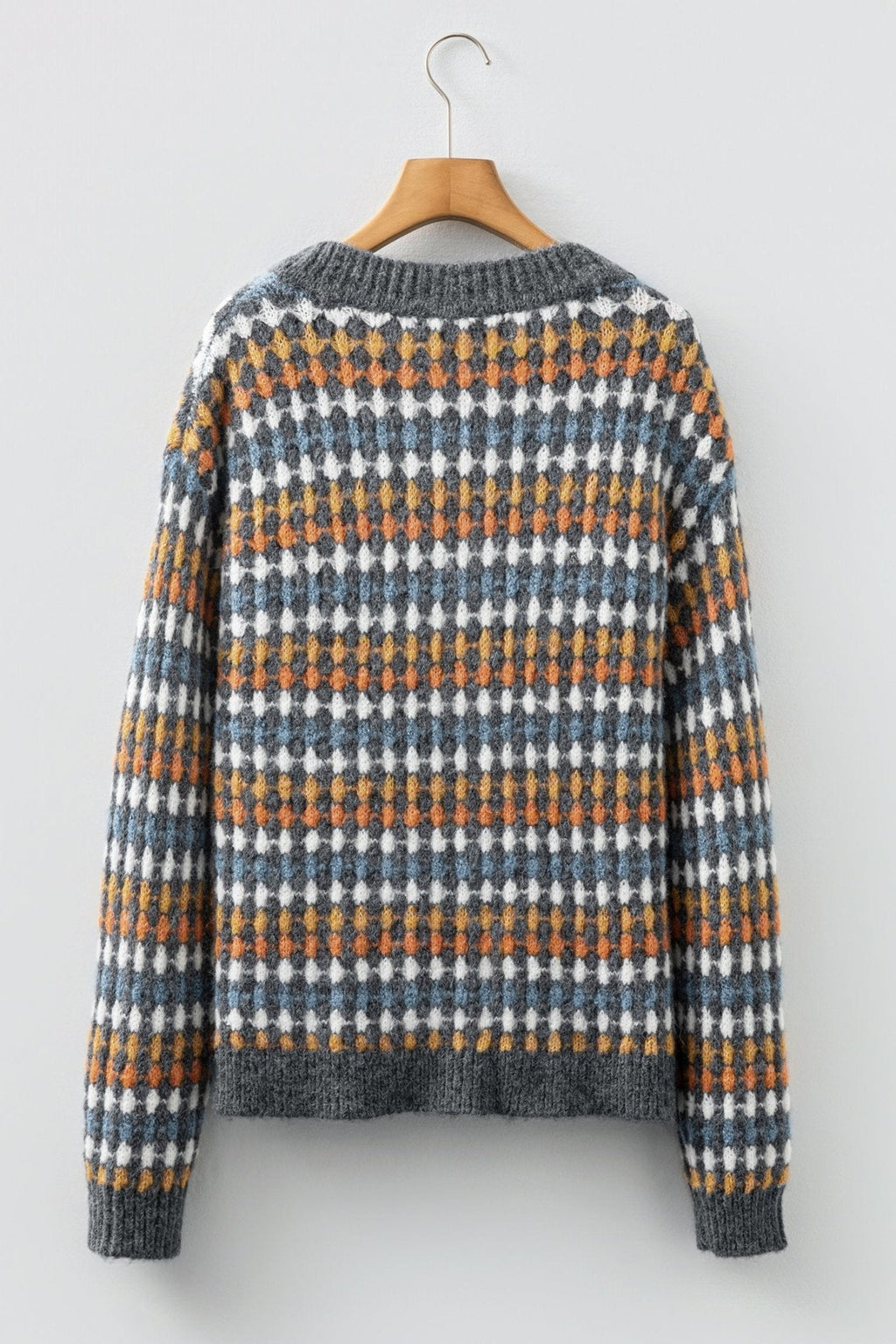 Gray Dotty Pattern Knit Button Front V Neck Sweater Cardigan