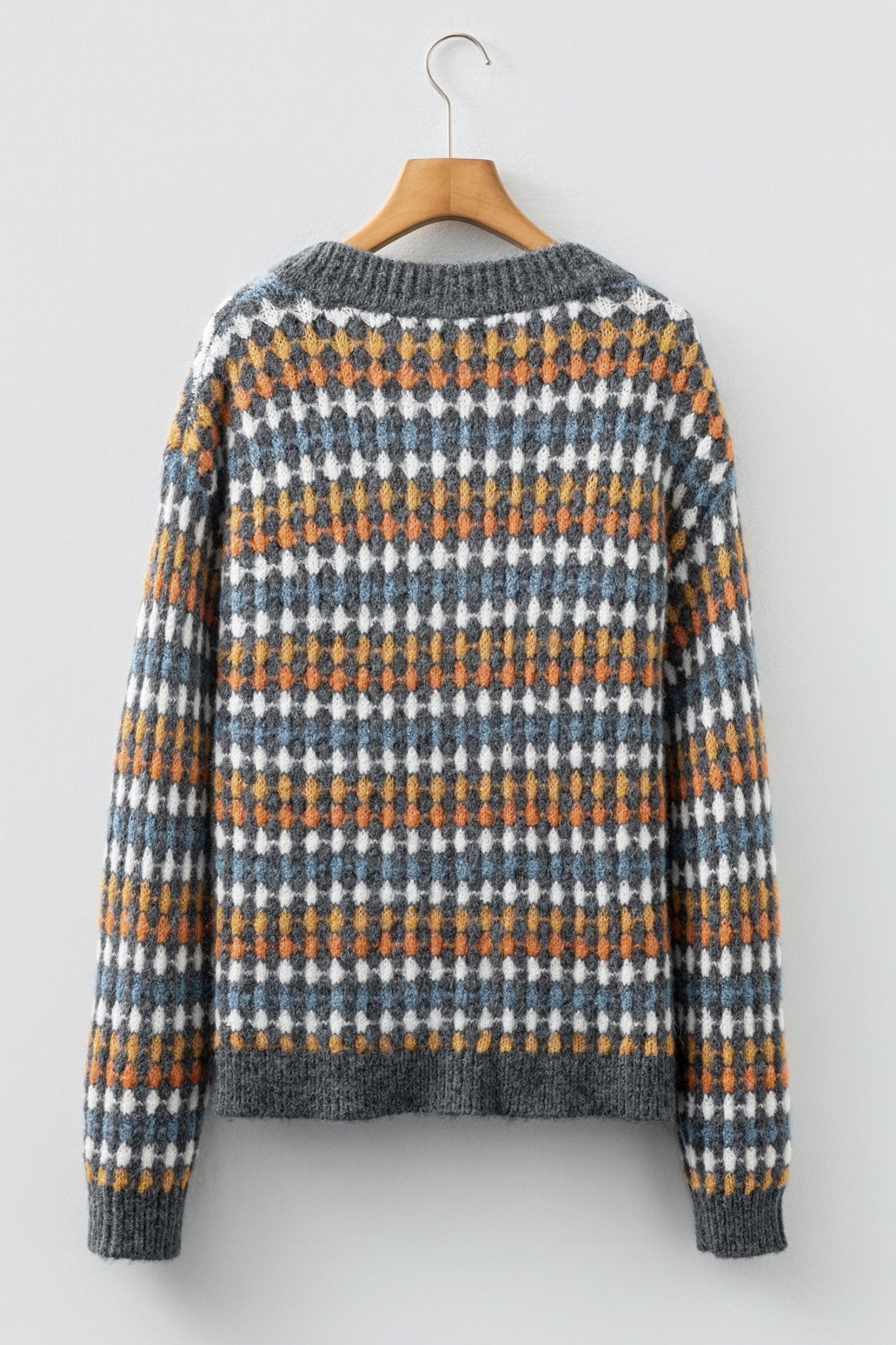 Gray Dotty Pattern Knit Button Front V Neck Sweater Cardigan