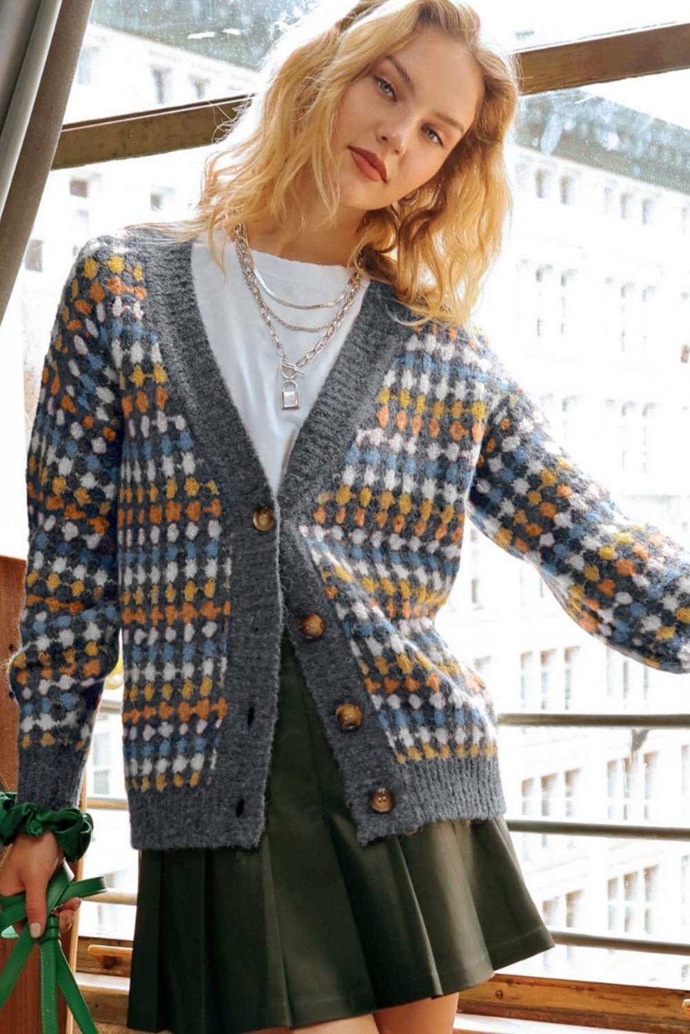 Gray Dotty Pattern Knit Button Front V Neck Sweater Cardigan