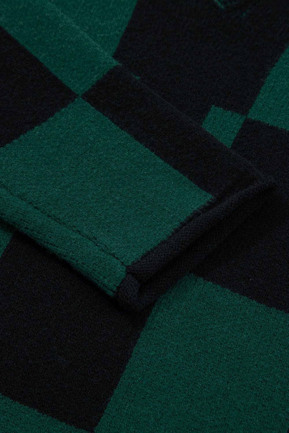 Green Checked Notched Neckline Drop Shoulder Knit Sweater