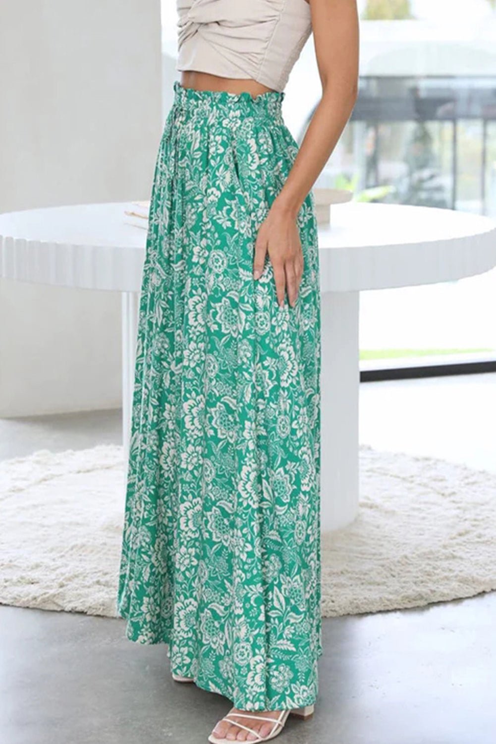 Green Floral Print Tie Waist Wide Leg Pants