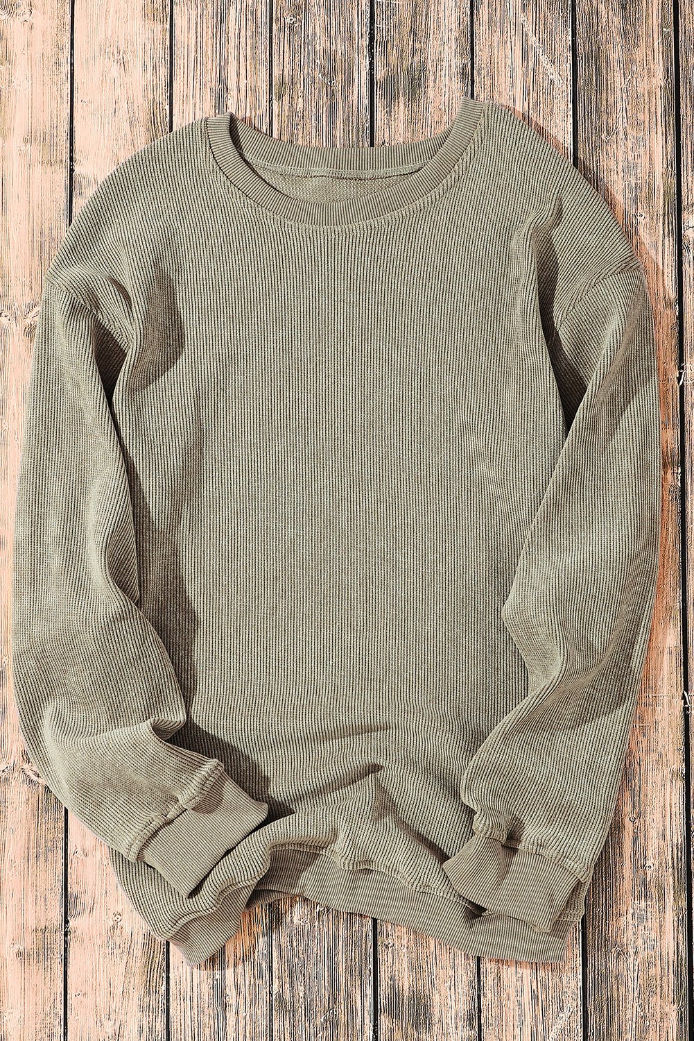 Green Ribbed Round Neck Drop Sleeve Pullover Sweatshirt
