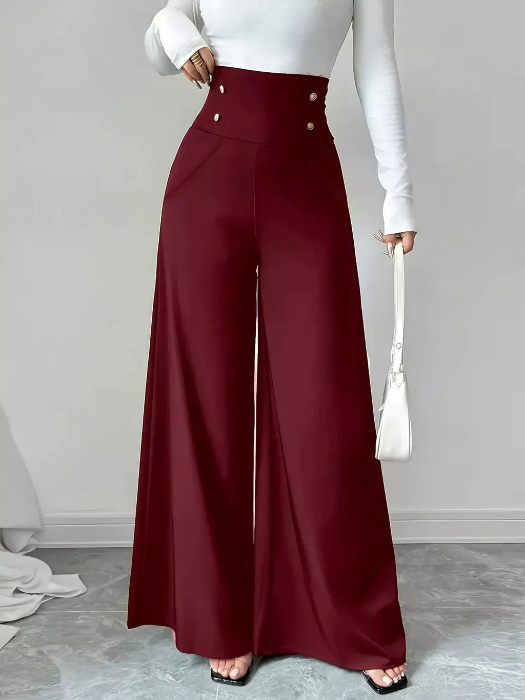 High Waist Wide Leg Button Decor Pants