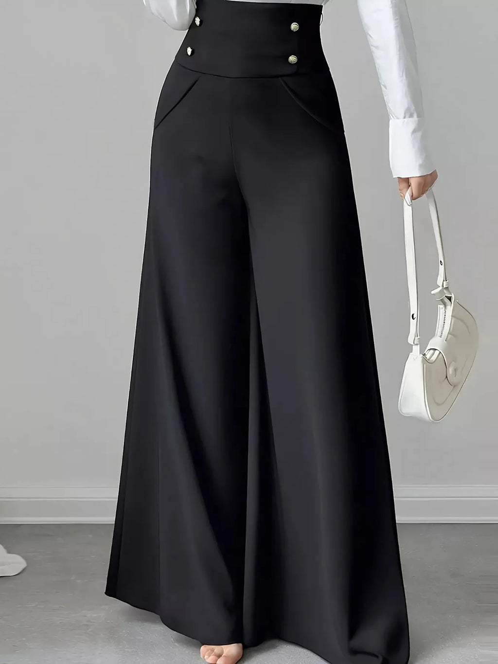 High Waist Wide Leg Button Decor Pants