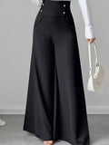 High Waist Wide Leg Button Decor Pants