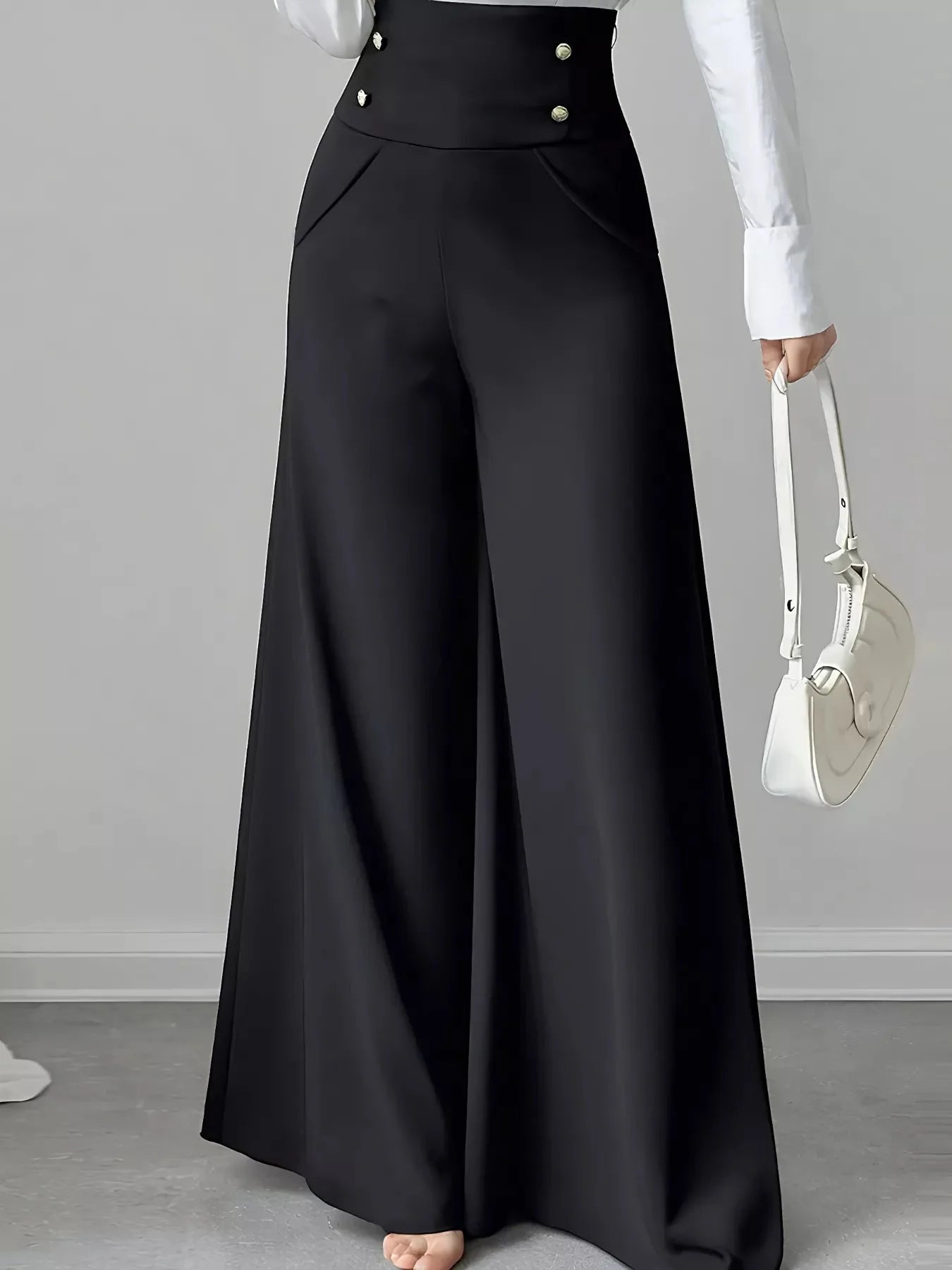 High Waist Wide Leg Button Decor Pants