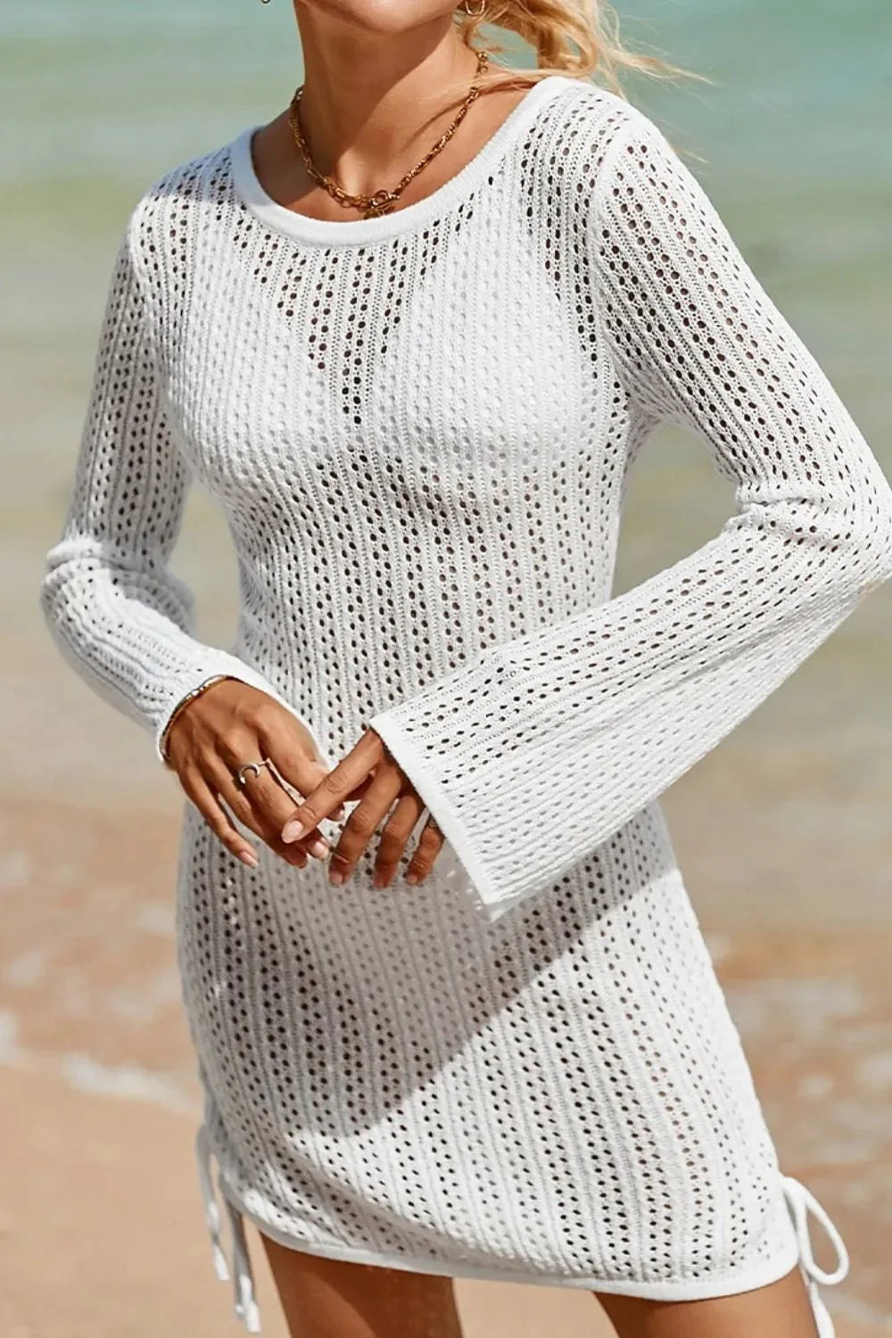 Hollow Out Bell Sleeve Drawstring Knit Cover Up Dress
