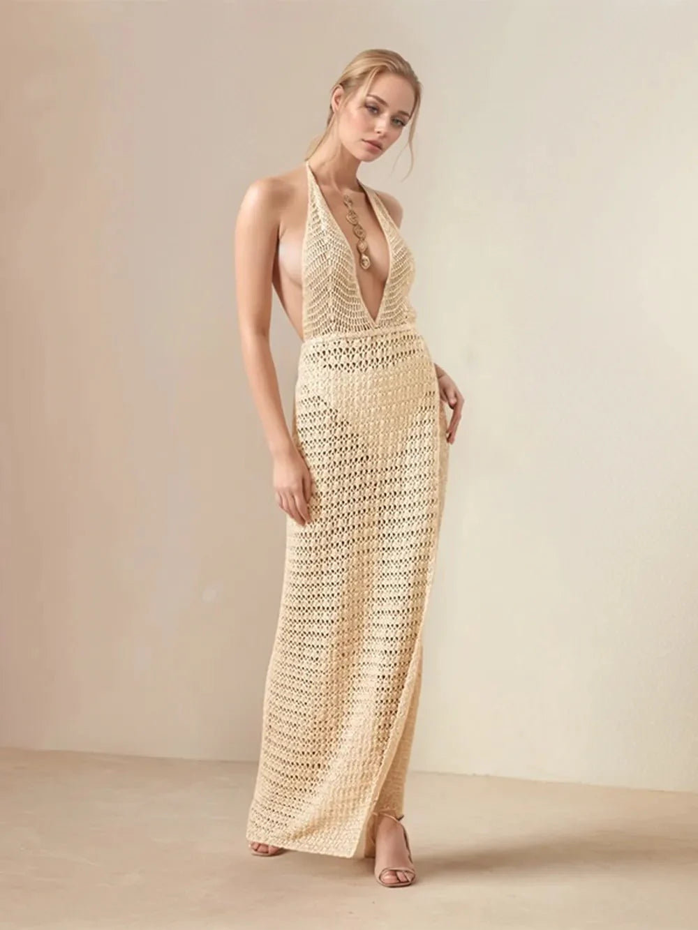 Hollow Out Halter Neck Cover-Up Dress