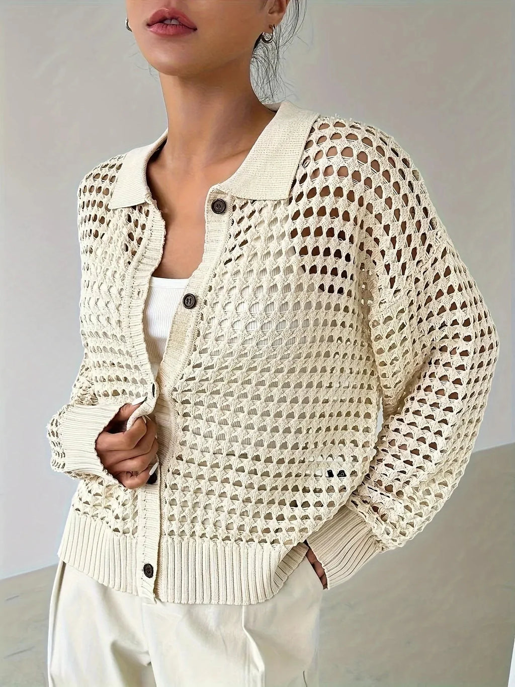 Hollow Out Knit Button Front Cardigan
