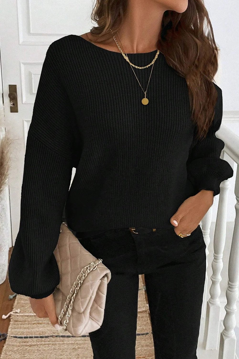 Jet Stream Ribbed Knit Ribbon Knot Backless Drop Shoulder Sweater