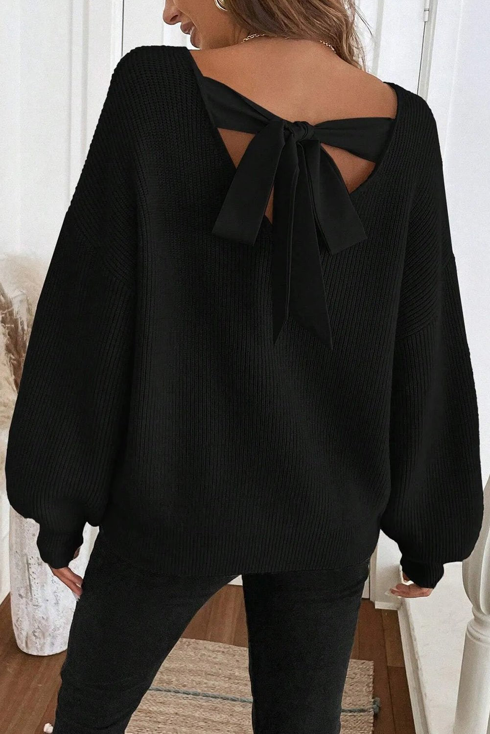 Jet Stream Ribbed Knit Ribbon Knot Backless Drop Shoulder Sweater