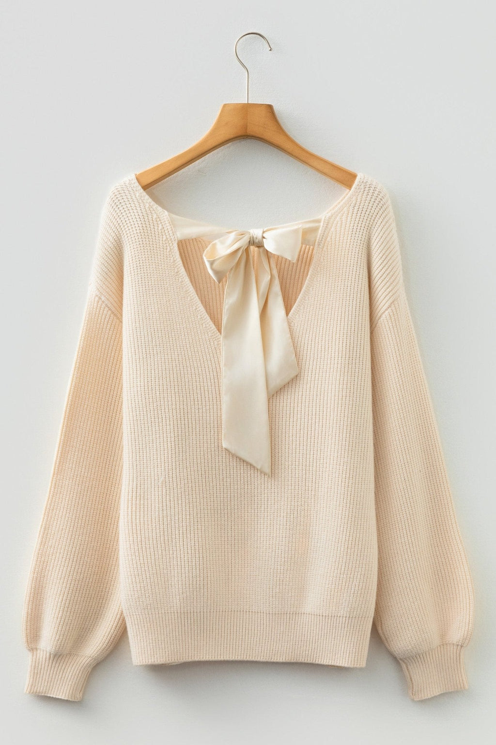 Jet Stream Ribbed Knit Ribbon Knot Backless Drop Shoulder Sweater