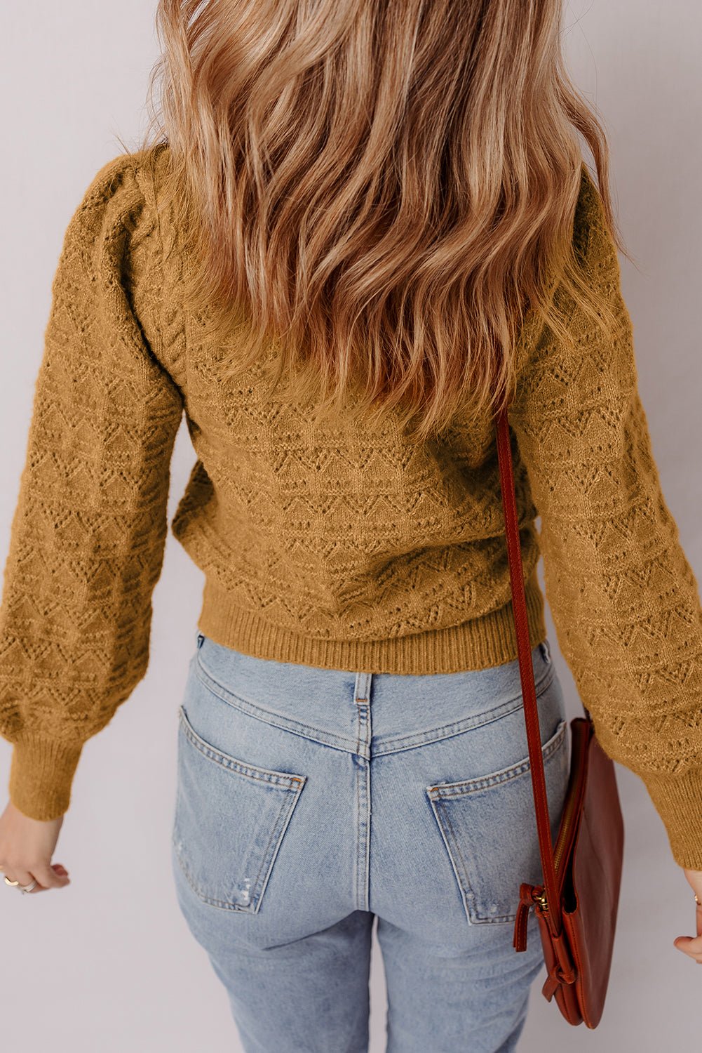 Jurassic Gold Hollow Out Crochet Ribbed Edge Balloon Sleeve Sweater