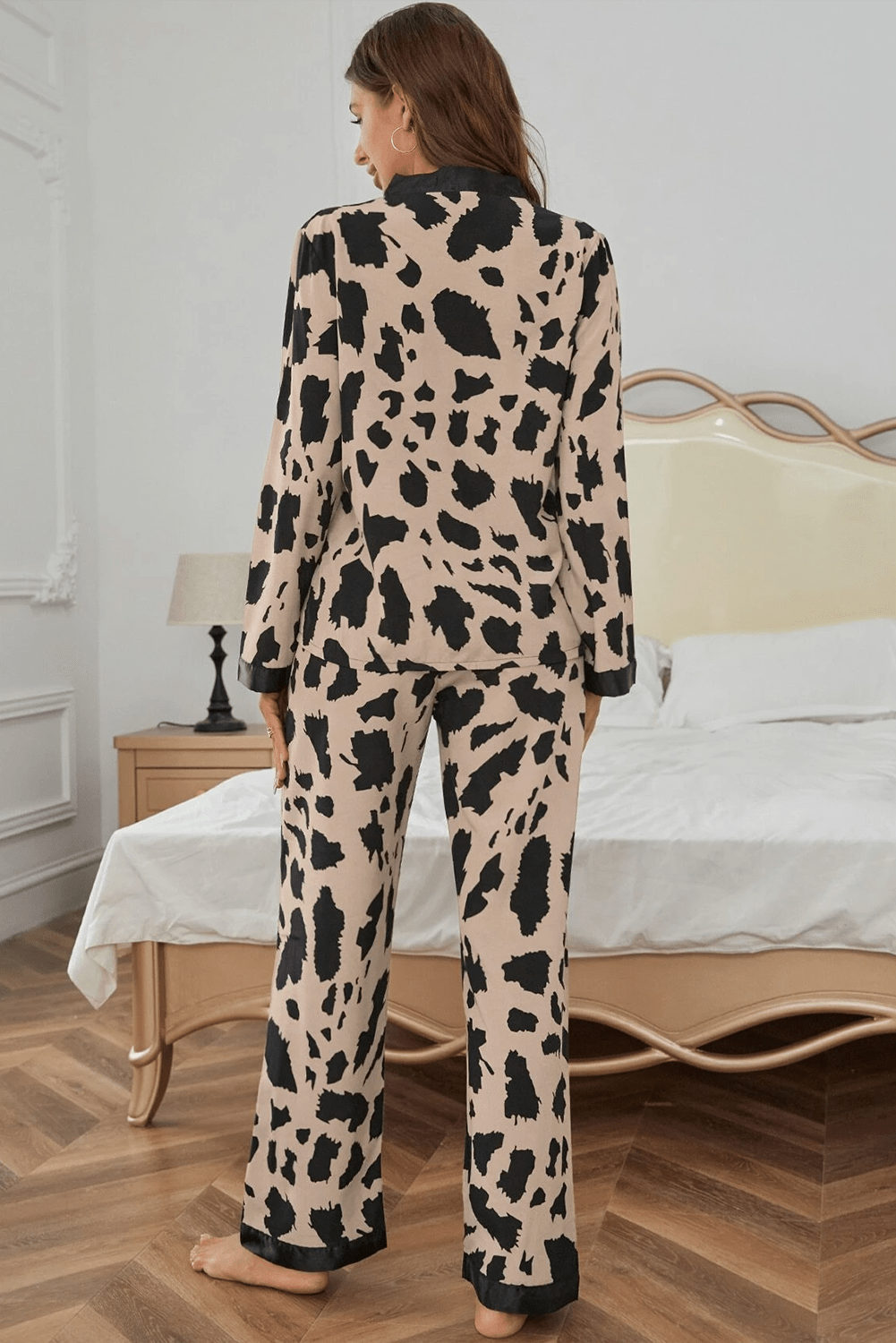 Khaki Cheetah Contrast Trim Loose Fit Two Piece Pants Set