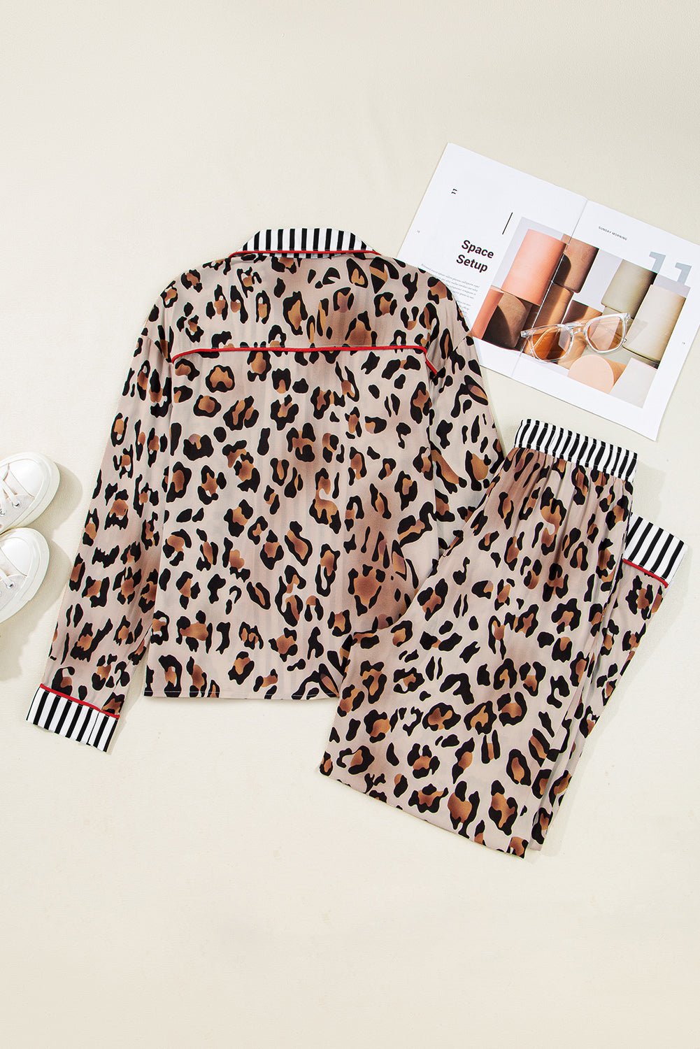 Khaki Leopard Print Colorblock Striped Patchwork Shirt and Pants Pajama Set
