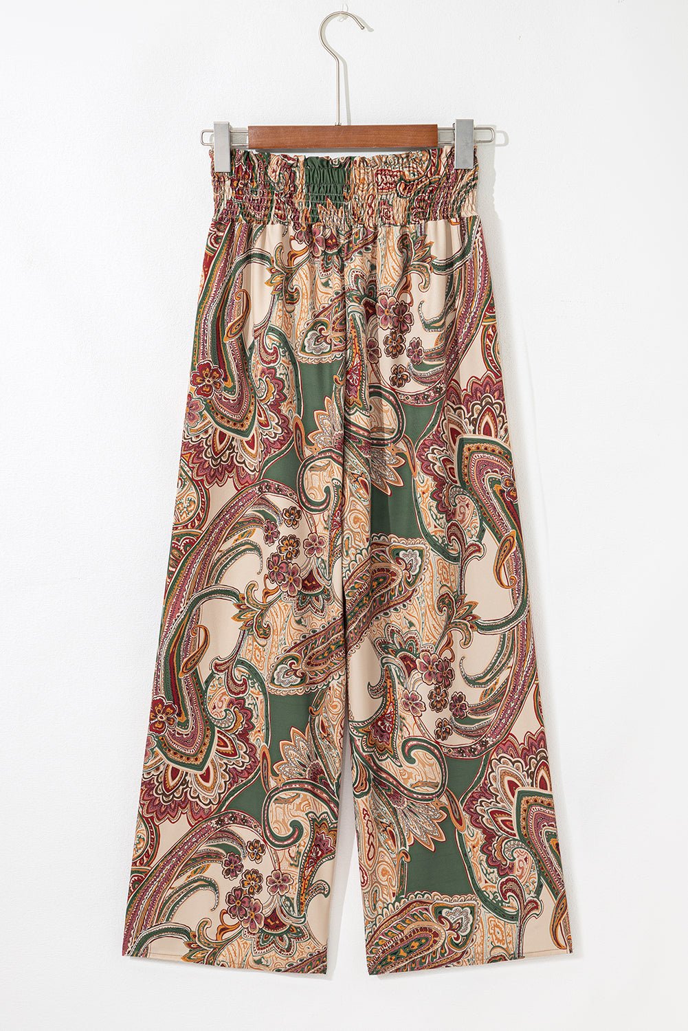 Khaki Paisley Print Boho Elastic Waist Wide Leg Pants
