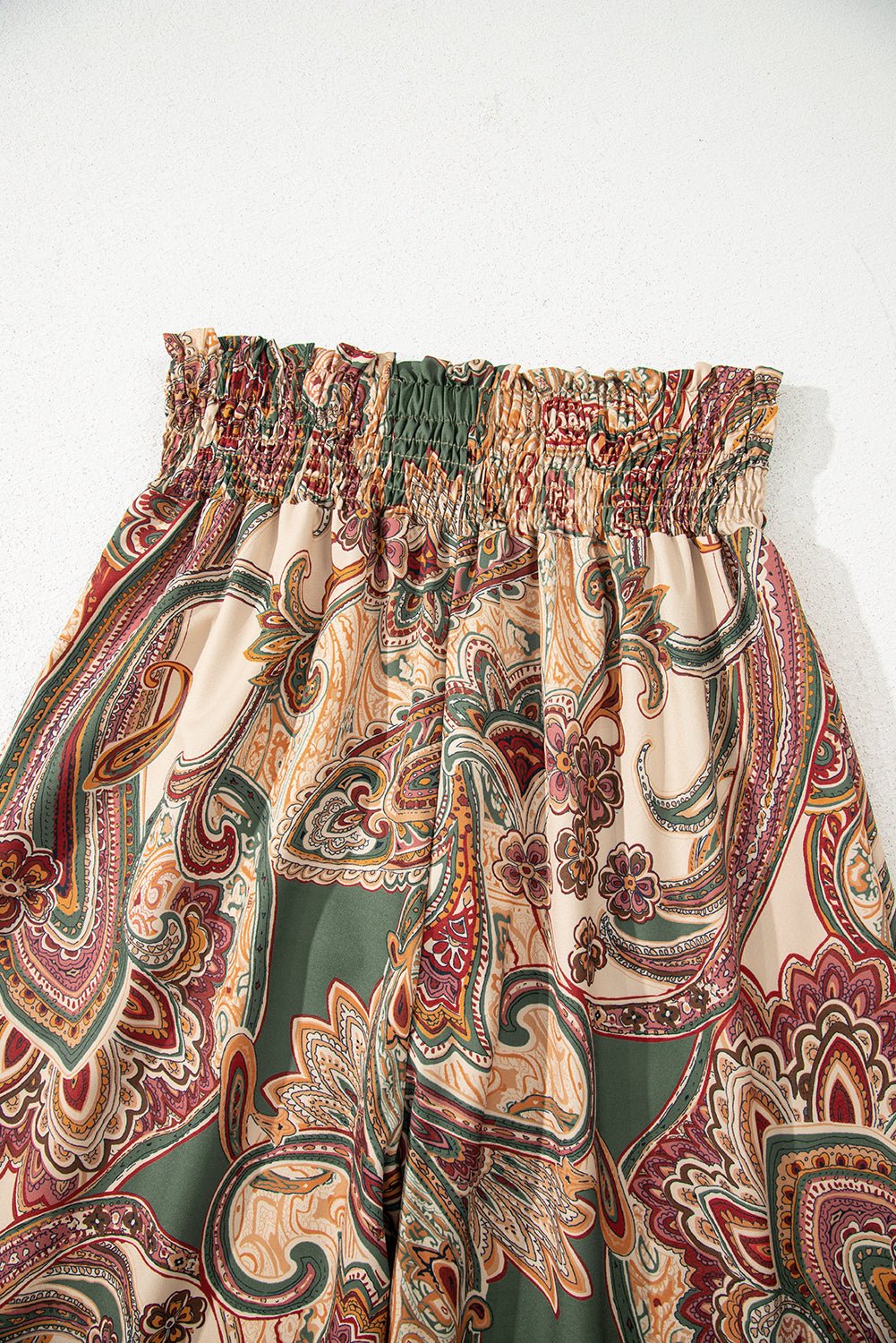 Khaki Paisley Print Boho Elastic Waist Wide Leg Pants
