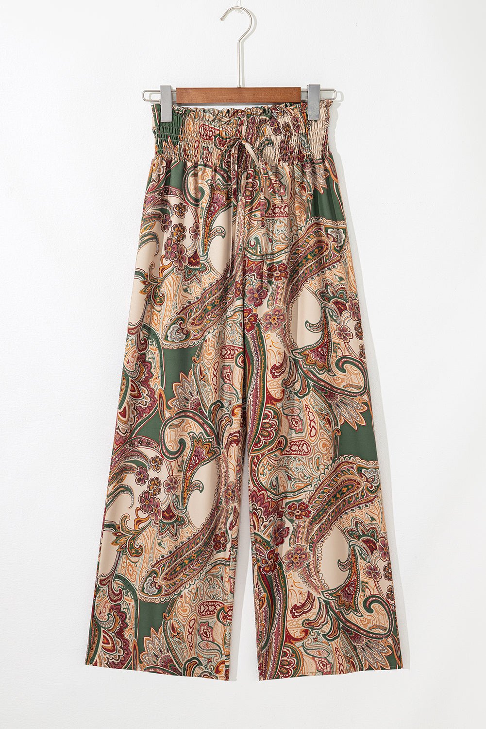 Khaki Paisley Print Boho Elastic Waist Wide Leg Pants