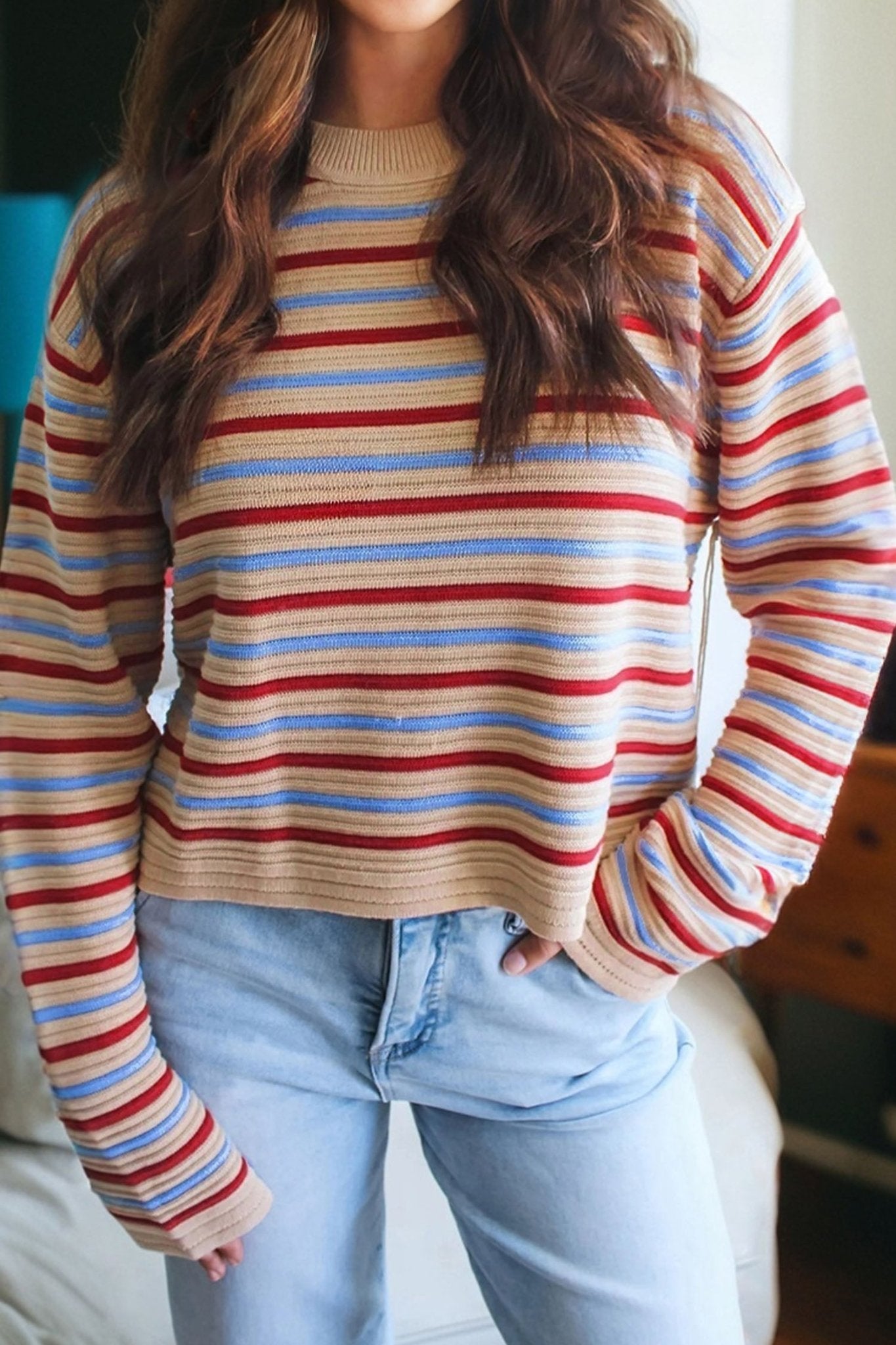Khaki Stripe Drop Shoulder Cropped Long Sleeve Fall Sweater