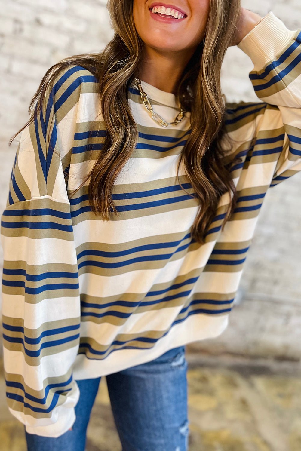 Bonbon Striped Collar Puff Sleeve Sweatshirt