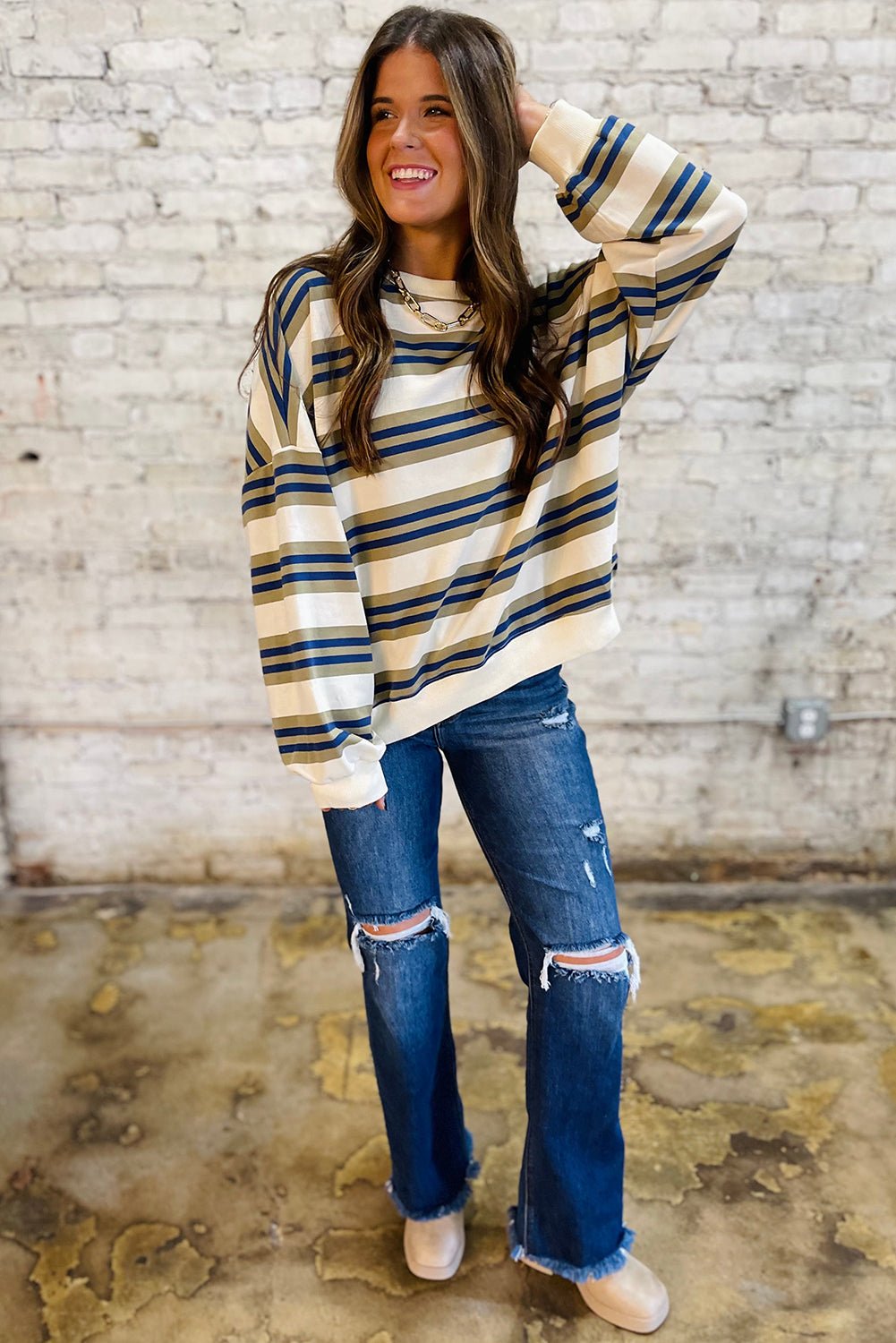 Bonbon Striped Collar Puff Sleeve Sweatshirt