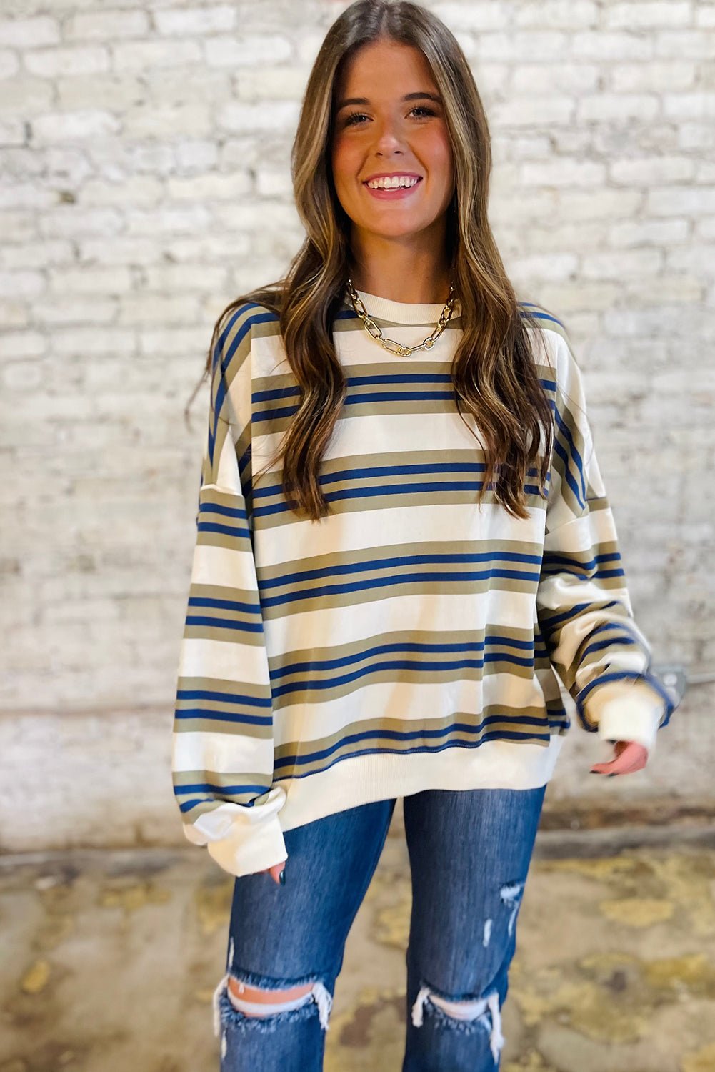 Bonbon Striped Collar Puff Sleeve Sweatshirt
