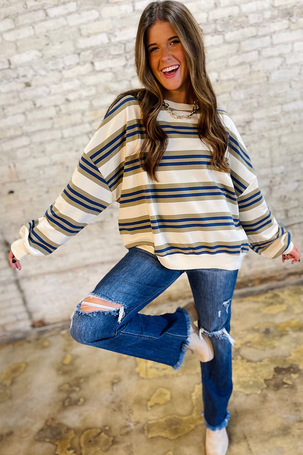 Bonbon Striped Collar Puff Sleeve Sweatshirt