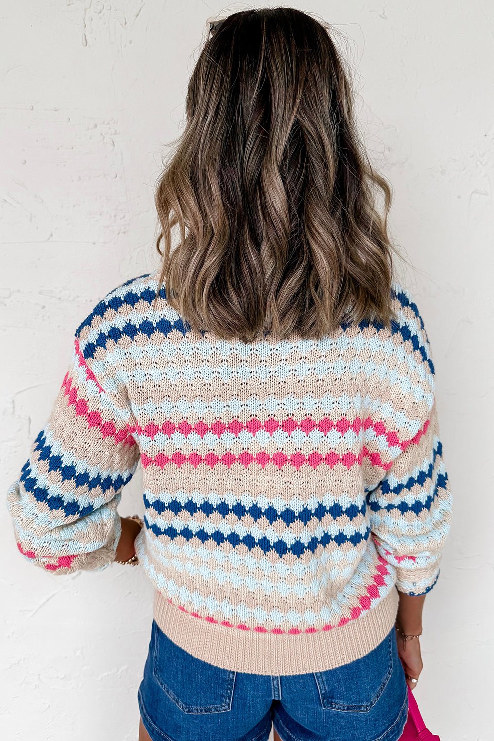Khaki Striped Eyelet Pattern Drop Shoulder Sweater
