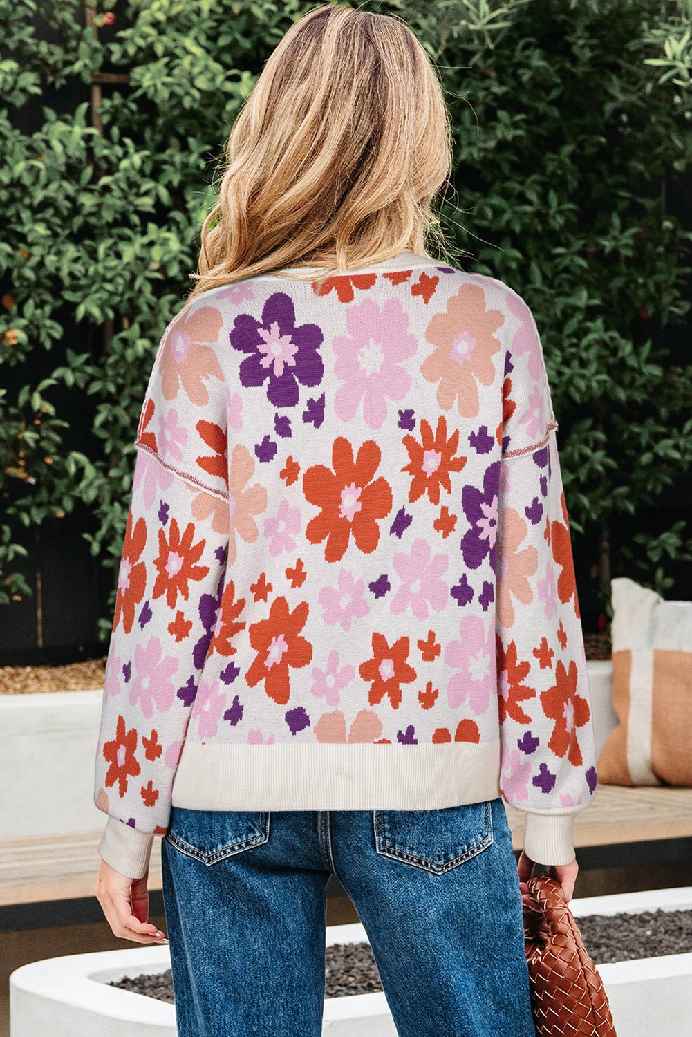 Khaki Vibrant Flower Round Neck Drop Sleeve Sweater