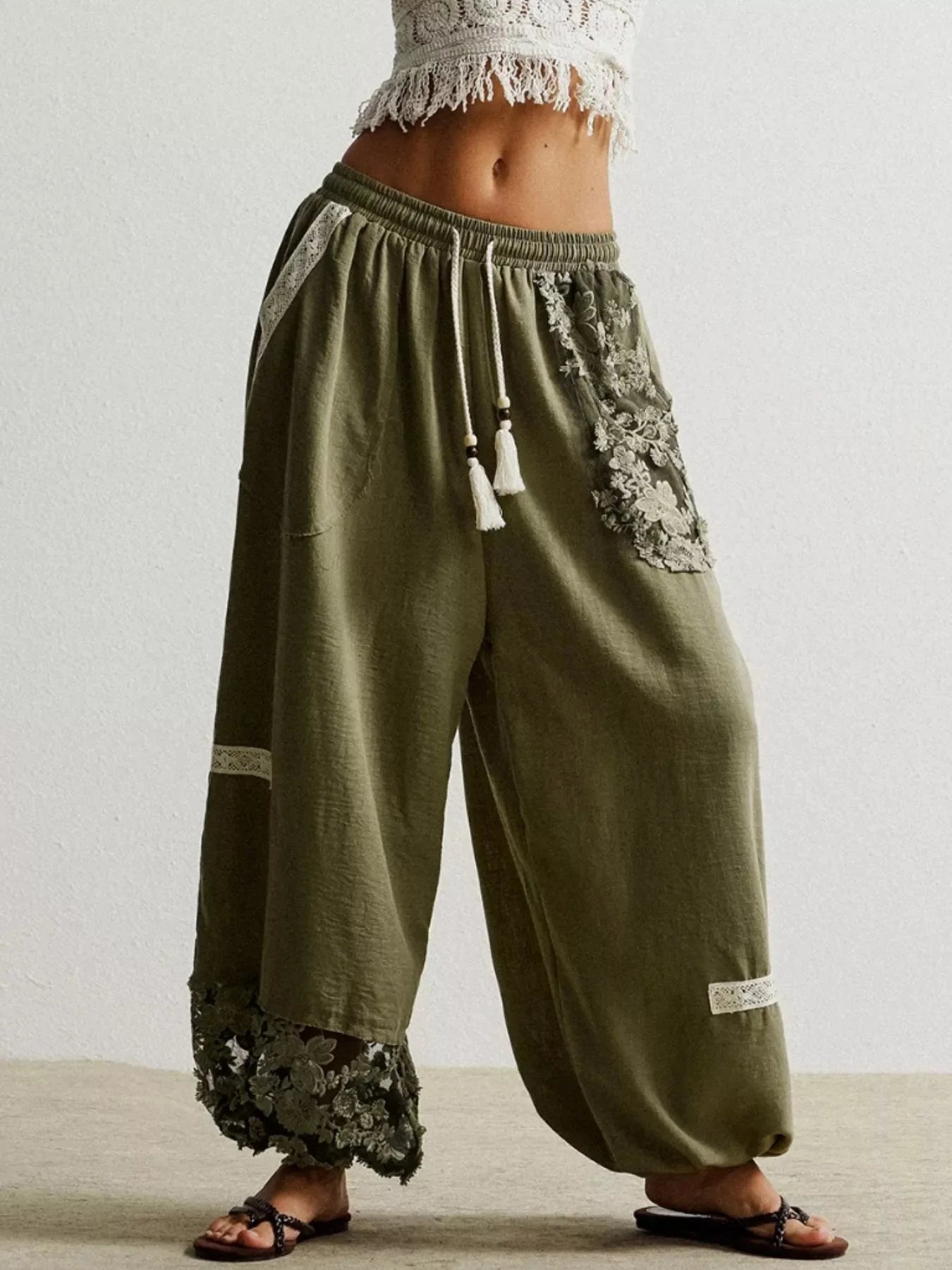 Lace Detail Drawstring Harem Pants