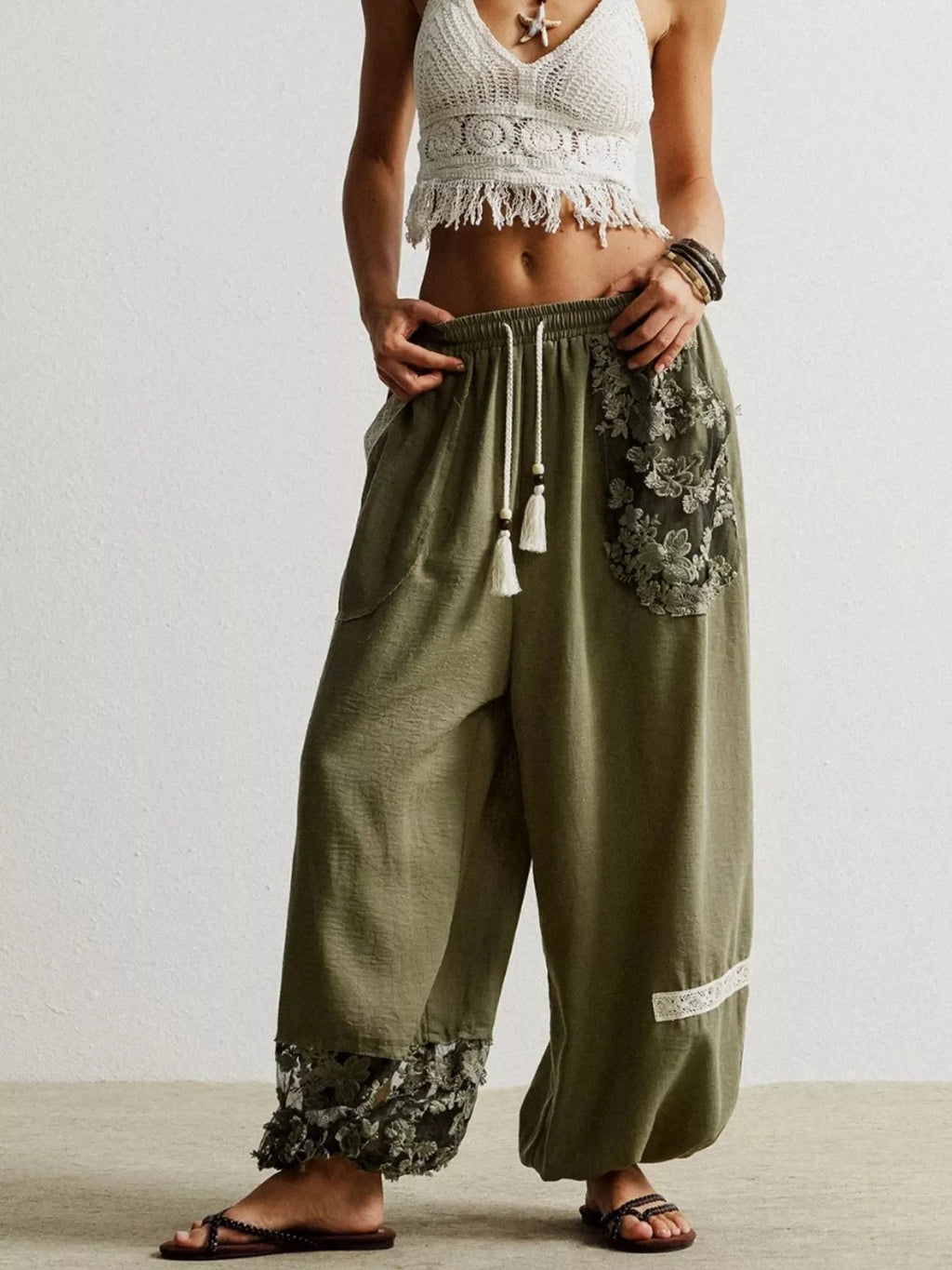 Lace Detail Drawstring Harem Pants