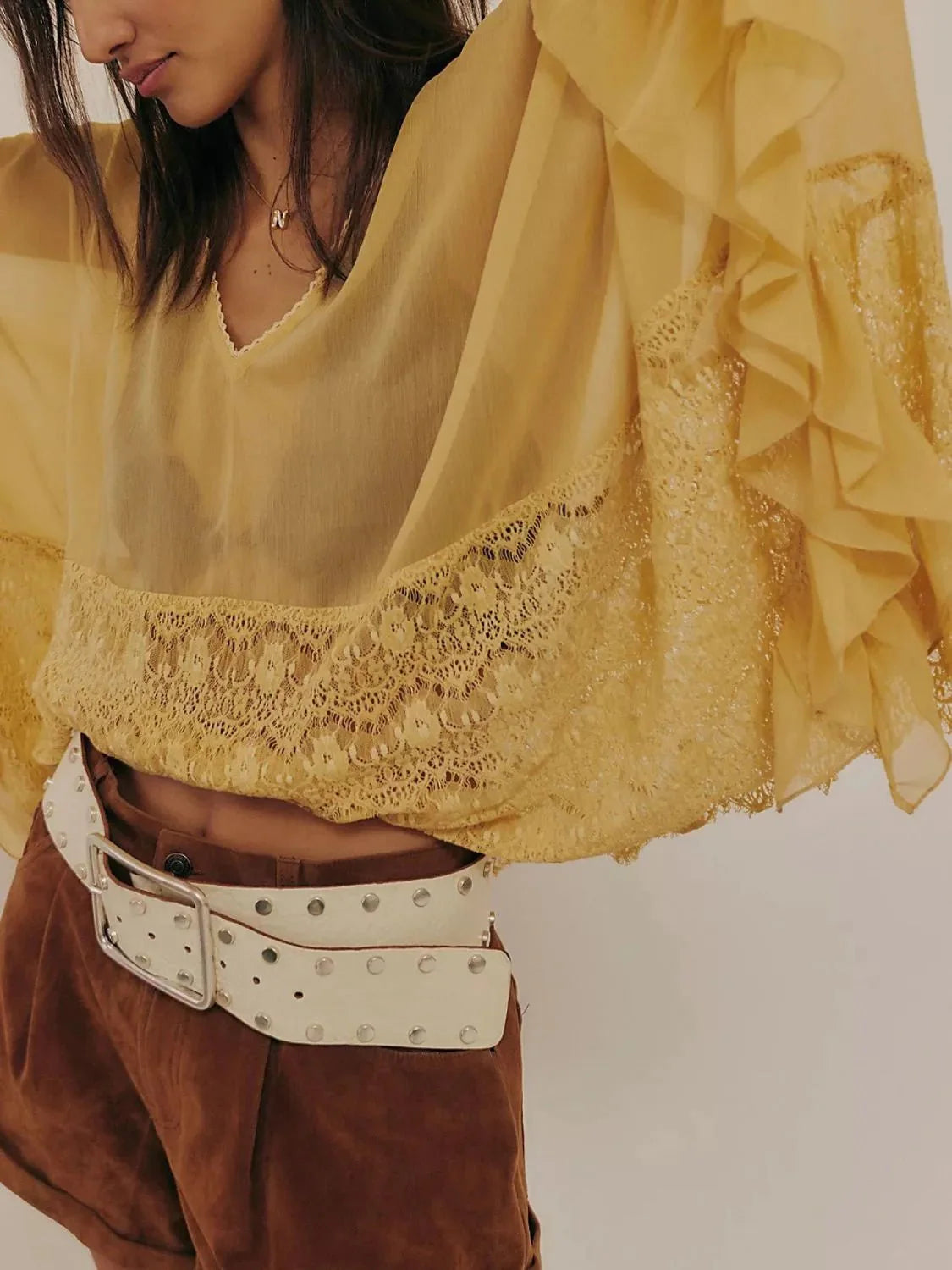 Lace V-Neck Ruffle Long Sleeve Cover-Up