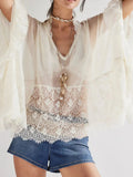 Lace V-Neck Ruffle Long Sleeve Cover-Up