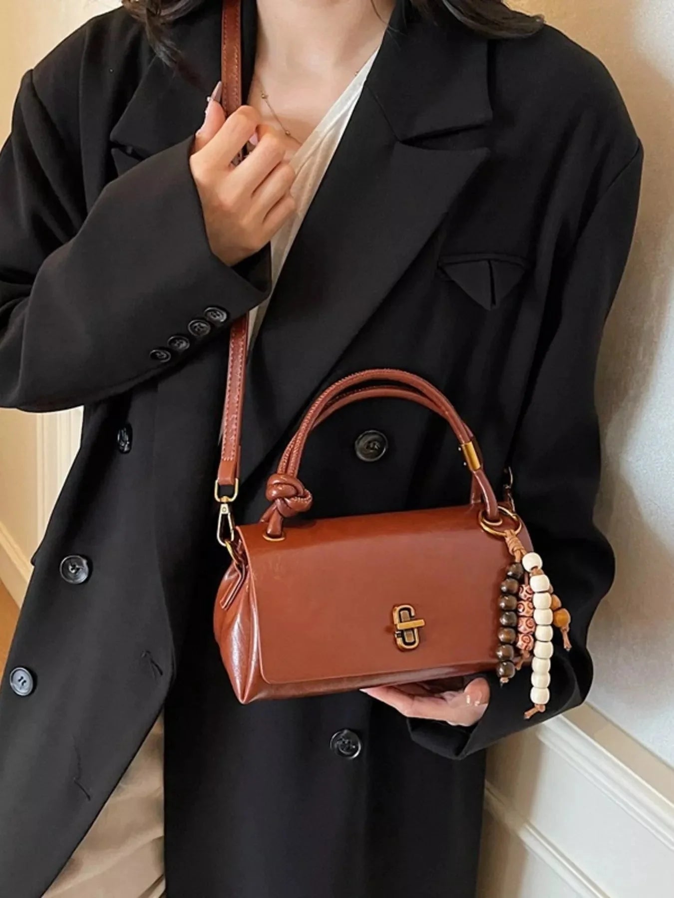 Leather Crossbody Bag with Bead Charm