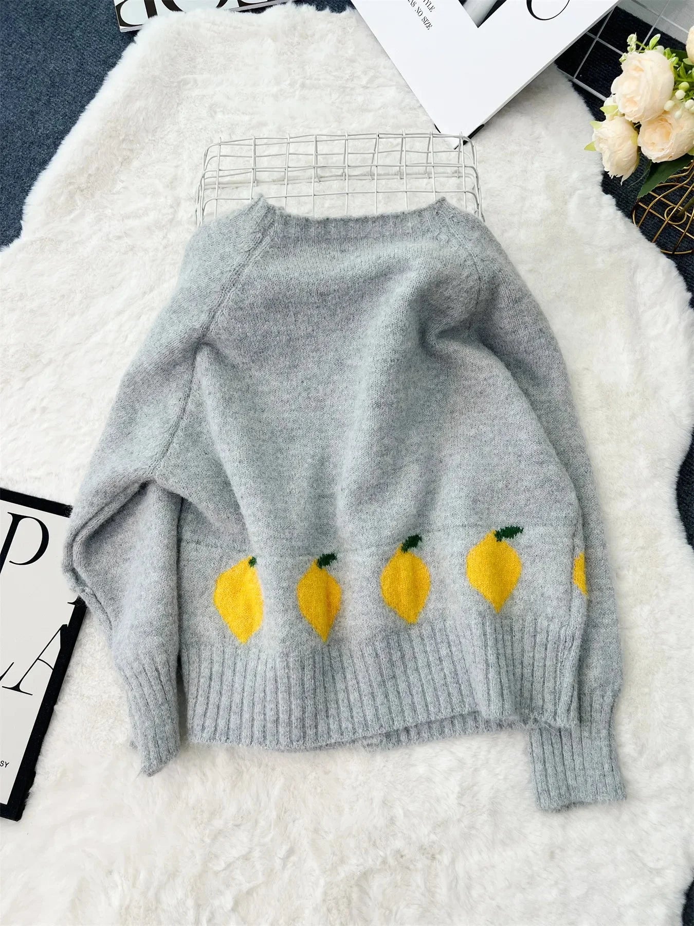 Lemon Pattern Button-Up Cardigan