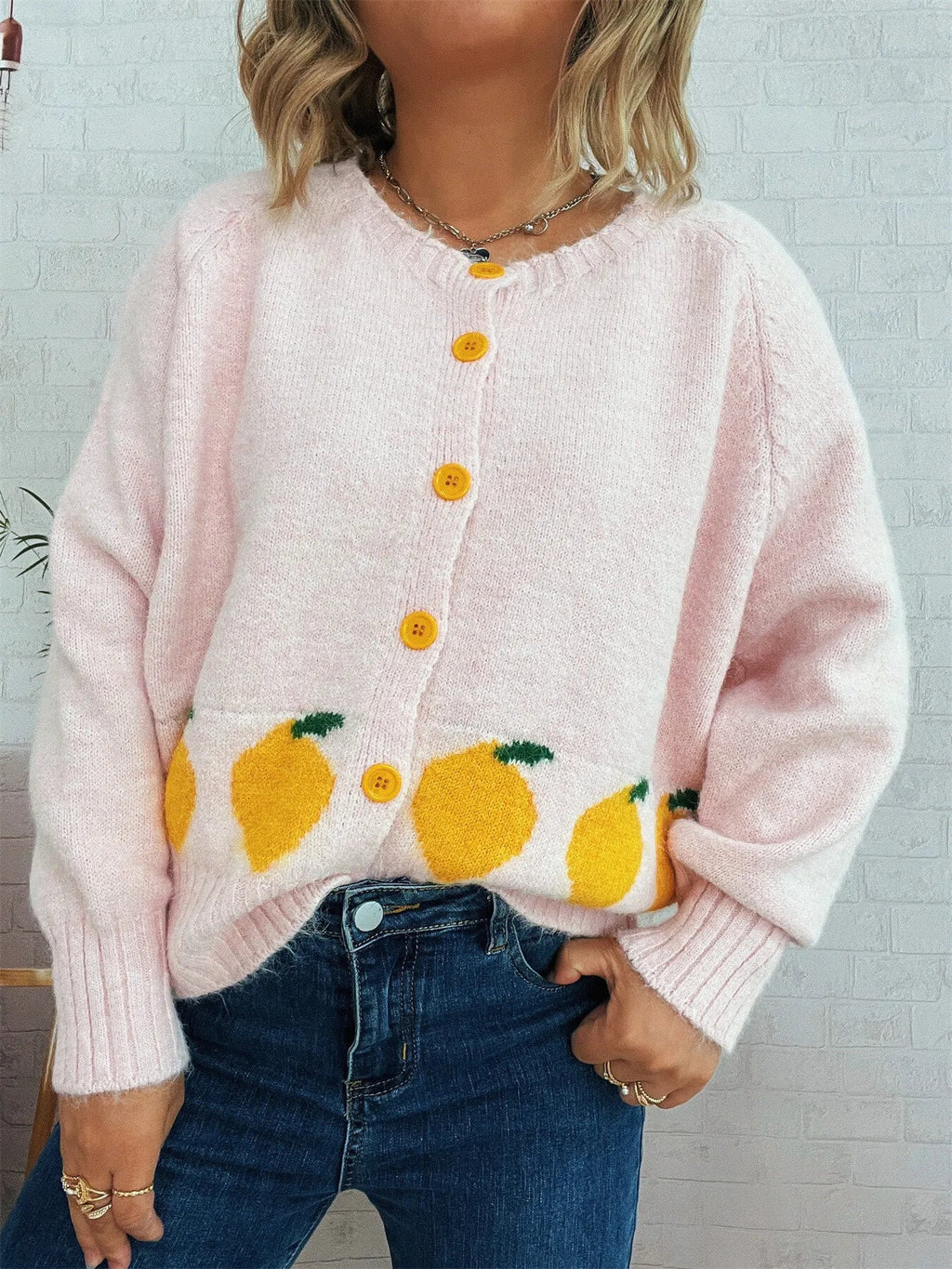 Lemon Pattern Button-Up Cardigan