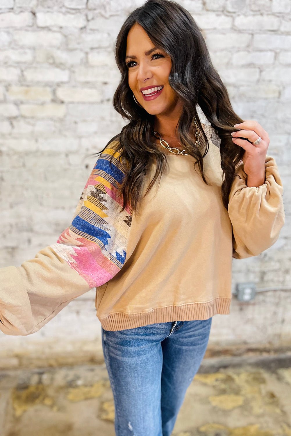 Light French Beige Geometric Patchwork Raglan Sleeve Pullover Sweatshirt