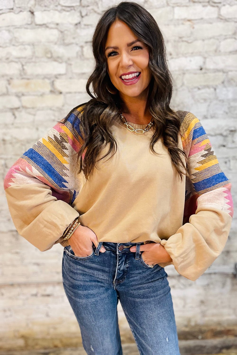 Light French Beige Geometric Patchwork Raglan Sleeve Pullover Sweatshirt