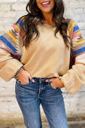 Light French Beige Geometric Patchwork Raglan Sleeve Pullover Sweatshirt